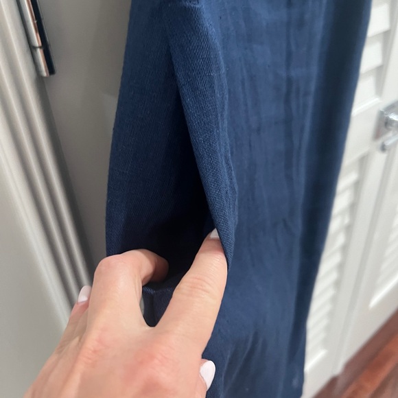 Preppy White and Navy Linen Dress with high collar and fringe detail size S - Picture 2 of 5